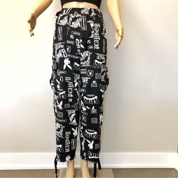 PLAYBOY Y2K Logo Cargo Pockets Black & White High Rise Wide Leg Pants Trousers. - Picture 5 of 16